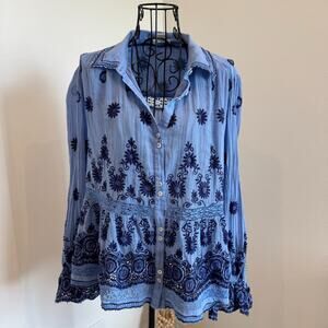 Sundance Blue Embroidered Long Bell Sleeve Boho Top Small